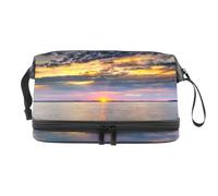 Sunrise Sky View Over The Sea Trousse de maquillage double couche pour femmes et filles, trousse de toilette de voyage, trousse de maquillage pratique avec compartiment à brosse, multicolore, 27x15x14