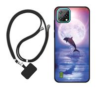 Sunrive Coque Compatible avec Blackview A55(2022),TPU Étui Housse Protecteur Souple Gel Mat Back Cover Mignon Motifs Antichoc Case(Lune,Dauphins,mer)+1x Universelle Dragonne