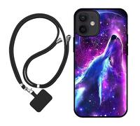 Sunrive Coque Compatible avec iPhone 12 Mini,TPU Étui Housse Protecteur Souple Gel Mat Back Cover Mignon Motifs Antichoc Case(Loup,Lune,Étoiles)+1x Universelle Dragonne
