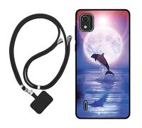 Sunrive Coque Compatible avec Nokia C2 2nd Edition,TPU Étui Housse Protecteur Souple Gel Mat Back Cover Mignon Motifs Antichoc Case(Lune,Dauphins,mer)+1x Universelle Dragonne