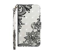Sunrive Coque Compatible avec OnePlus A5010 5T, Housse Mignon Étui avec Fonction de Support Etui Protecteur Protection Portefeuille Cas Magnétique PU Cuir(Fleur Noire)+Stylet OFFERTS