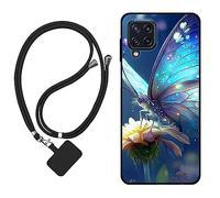 Sunrive Coque Compatible avec Samsung Galaxy M32 4G,TPU Étui Housse Protecteur Souple Gel Mat Back Cover Mignon Motifs Antichoc Case(Papillon,Fleur)+1x Universelle Dragonne