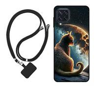 Sunrive Coque Compatible avec Samsung Galaxy M32 4G,TPU Étui Housse Protecteur Souple Gel Mat Back Cover Mignon Motifs Antichoc Case(Lune,étoiles,Chat)+1x Universelle Dragonne