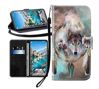 Sunrive Coque Compatible avec Wiko Y82, Housse Mignon Étui avec Fonction de Support Etui Protecteur Protection Portefeuille Cas Magnétique PU Cuir(Loup Dream Catcher B1)+Stylet OFFERTS