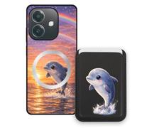 Sunrive Coque Portefeuille pour Oppo A3 4G/A60 5G avec Porte-Cartes Magnétique Amovible, Étui Porte Carte Mignon avec Support Vidéo, Coque Antichoc avec Porte Carte, Protection Smartphone - Dauphin
