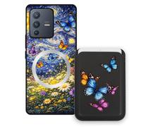 Sunrive Coque Portefeuille pour Vivo V23 Pro avec Porte-Cartes Magnétique Amovible, Étui Porte Carte Mignon avec Support Vidéo, Coque Antichoc avec Porte Carte, Protection Smartphone - Papillon