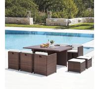 CONCEPT USINE - Salon De Jardin Sunset 10 Personnes en Résine Tressée Et Aluminium Marron - 1 Table en Aluminium - 6 Fauteuils - 4 Poufs - Coussins Blanc - Encastrable, Résistant, Imperméable