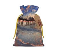 Sunset at the beach bridge Sacs de Noël imprimés avec cordon de serrage pour emballage cadeau de Noël, ruban de Noël jaune, M