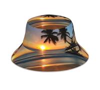 Sunset Beach Chapeau bob réfléchissant, visière imprimée réversible, chapeau d'extérieur portable, parfait pour la plage, les voyages, la randonnée et le cyclisme Noir