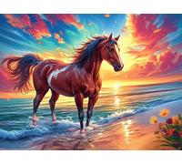 Sunset Beach Dream Cheval 1000 Pièces Puzzle Créatif en Carton Anti-Déchirure Faune Sauvage Difficulté Moyenne Activité Manuelle Loisir Créatif Cadeau Fête des Mères Premium 1000 PCS/75x50cm