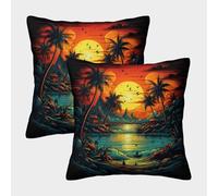 Sunset Beach Scene-Tropical Island Art Style Housse Coussin 2 Pièces Available All Seasons Taie d'oreiller Décor Confortable Taies d'oreiller Salon Et Lit Protecteurs