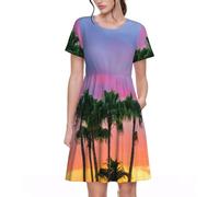 Sunset Colorful Clouds Palm Tree Print Robe de plage tendance pour femme, Noir , L