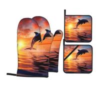 Sunset Dolphin Ensemble de gants de cuisine et maniques résistants à la chaleur, gants de cuisine et maniques extensifs, gants de cuisine antidérapants et supports de poêles, ensemble de 4 pièces