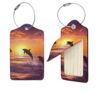 Sunset Dolphins - 1 étiquette de voyage en cuir synthétique avec dos intégral pour nom, étiquettes personnalisées pour sacs, étiquettes de valise avec boucle en métal