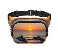 Sunset Dolphins Sac banane à fermeture éclair avec sangle réglable pour jogging, cyclisme, Noir , Taille unique