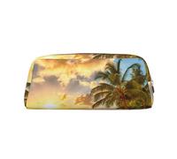 Sunset Hawaiian Palm Tree Trousse à crayons en cuir avec fermeture éclair tridimensionnelle, simple et élégante, tendance et pratique, doré, Taille unique, Cartable