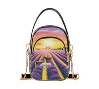 Sunset Lavender Fields Horses Sac à main à une épaule pour femme Sac à main matelassé pour téléphone Petit sac à main à chaîne Joli sac à main à fermeture éclair Sac fourre-tout à bandoulière