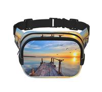 Sunset Sea Square Sac banane double couche avec impression intégrale, tissu sergé durable, sac banane multi-poches pour sports de plein air voyage