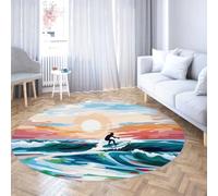 Sunset Surfer Tapis rond Tapis de sol antidérapants lavables pour salon Chambre à coucher Entrée Océan côtier à poils ras Vagues Bleu sarcelle Écume de mer avec ciel orange corail Décor de 100cm