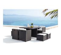 Salon de Jardin Encastrable SUNSET Résine Tressée 8 Pers Noir/Blanc | Table aluminium + 4 fauteuils + 4 poufs, coussins déhoussables zippés