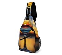 Sunset Wine Glass Sling Bag for Men Women Crossbody Backpack Whisky And Cigar Crossbody Bag Chest Bags for Travel Sport