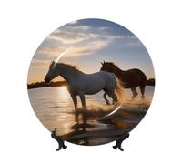 Sunsets Lake Horses Assiettes décoratives en céramique Assiette décorative en porcelaine anglaise avec présentoir Ornement en céramique fait à la main Personnalité Assiette à dîner en porcelaine
