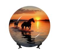 Sunsets Lake Horses Assiettes décoratives en céramique Assiette décorative en porcelaine anglaise avec présentoir Ornement en céramique fait à la main Personnalité Assiette à dîner en porcelaine