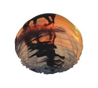 Sunsets Lake Horses Bonnet de douche double couche imperméable pour femme, chapeau de bain réutilisable avec bande élastique, garde les cheveux au sec pour la douche et les soins de la peau