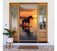 Sunsets Lake Horses Couverture de porte Décorations de porte de bienvenue Toile de fond saisonnière Printemps Été Porche Bannière Panneau Photo Fond pour Intérieur Extérieur Décoration de Fête 183 x