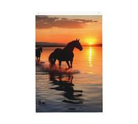 Sunsets Lake Horses Drapeau de jardin bienvenue 6 x 0,9 m Double face Ne se décolore pas Drapeaux de maison Toile de fond pour photo Bannière pour cour, porche, pelouse, décoration extérieure