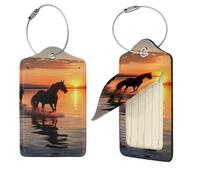 Sunsets Lake Horses Lot de 4 étiquettes de voyage en cuir synthétique avec dos intégral pour bagages, étiquettes personnalisées pour sacs, valises avec boucle en métal, noir