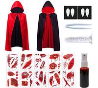 Sunshine smile Cape Vampire, 1 Cape de Vampire Rouge Noir + 2 Dents de Vampire +1 Faux Sang +10 Cape de Tatouage Temporaire Halloween, Vampire Cape Capuche, Costume Halloween (120cm)