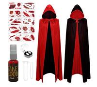 Sunshine Smile Lot de 4 costumes de vampire d'Halloween avec 2 dents de vampire, 1 sang artificiel et 10 tatouages d'Halloween, cape de vampire noire et rouge, costume d'Halloween pour adulte (170 cm)