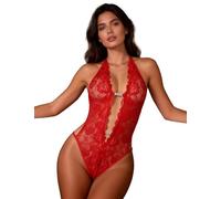 sunshinelady Body Dentelle Femme Grande Taille Body Transparent Sexy Col V Profond Lingerie Dos Nu à Attache Cou Tenue Sexy Club Libertin Bodysuit Sans Manche Ouvert à l'Entrejambe Rouge XXL