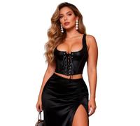 sunshinelady Corset Femme Bustier Grande Taille S Sexy Corset Simili Cuir Bustier avec 12 Baleine Debardeur Compression Bretelles Croisées Réglable Costume Medieval Lingerie Steampunk avec String