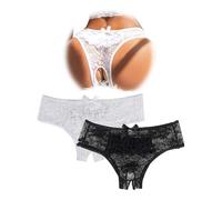 sunshinelady Culotte Ouverte String Femme Sexy Chic Grande Taille Shorty Dentelle Tanga Transparente Taille Basse Bresilien Slip Fendu sous Vetement Feminins Lingerie Panties Thong Women Noir Blanc M