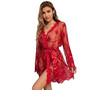 sunshinelady Ensemble de lingerie en dentelle pour femme - Nuisette sexy en maille - Grande taille - Kimono - Nuisette florale - Col en V - Vêtements de nuit avec string et ceinture en satin - Tailles