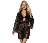 sunshinelady Ensemble de lingerie en dentelle pour femme - Nuisette sexy en maille - Grande taille - Kimono - Nuisette florale - Col en V - Vêtements de nuit avec string et ceinture en satin - Tailles