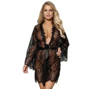 sunshinelady Femmes Kimono Sexy Dentelle Manches Longues Chemise de Nuit Nuisette Babydoll Lingerie Peignoir Robe de Chambre Grande Taille avec String Noir 3XL-4XL