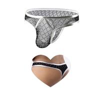 sunshinelady String Homme Transperent Sexy Chic Tanga Grande Taille en Résille et Cuir PU Taille Basse Bikini String Slip Jockstrap sous Vetement Respirant Sissy Lingerie Tenue Libertin Club S-XL
