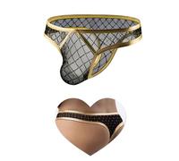 sunshinelady String Homme Transperent Sexy Chic Tanga Grande Taille en Résille et Cuir PU Taille Basse Bikini String Slip Jockstrap sous Vetement Respirant Sissy Lingerie Tenue Libertin Club Doré XL