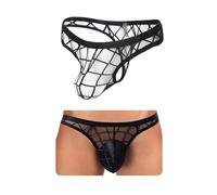 sunshinelady String Sexy Chic Homme Slip Grande Taille Jockstrap Transparent en Tulle Mini Stringue Ficelle Tanga Taille Basse sous-Vêtements Dentelle Hot Sissy Lingerie Noir Tenu Libertin M
