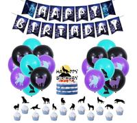 SUNSK Ballon Anniversaire Loup Happy Birthday Bannière Rond Latex Ballon Wolf Animal Cupcake Topper Fête d'Anniversaire Décoration pour Enfants (32 Pièces)