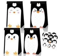 SUNSK Lot de 12 sacs cadeaux en papier motif pingouin - Avec autocollants - Pour Noël, anniversaire, mariage, fête - Noir
