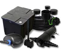SunSun Kit complet: CBF-350 Filtre de bassin jusqu'à 12000 L, CTF-3800 pompe de filtration 3600l/h 20W, CUV-224 lampe uv 24W, 25m Tuyau 25 mm, CSP-250 Écumeur 2500l/h 45W, HJ-943 fontaine 800l/h 16W