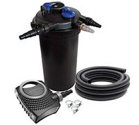 SunSun Kit complet: CPF-15000 Filtre de bassin à pression jusqu’à 30000 L avec 18 Watt lampe uv, NEO3800 SuperEco pompe 3600l/h 20W, 5m Tuyau 38 mm (1 1/2"), collier de serrage W1 44-47mm