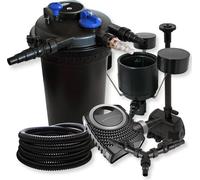SunSun Kit complet: CPF-15000 Filtre de bassin à pression jusqu’à 30000L avec 18 W Lampe uv, CTF-8000 pompe 8000l/h 70W, 25m Tuyau 25mm, CSP-250 Écumeur 2500l/h, HJ-943 fontaine, Y-distributeur