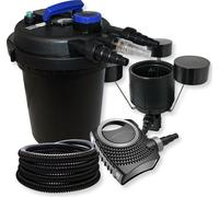 SunSun Kit complet: CPF-180 Filtre de bassin à pression jusqu’à 6000 L avec 11 Watt lampe uv, CTF-8000 SuperECO pompe de filtration 8000l/h 70W, 25m Tuyau 25 mm, CSP-250 Écumeur 2500l/h 45W