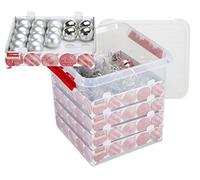 Sunware Q-line Boîte de Rangement Noël 38L - 40x40x40cm - avec Plateaux pour 125 Boules de Noël - Caisse Rangement Décorations de Noël - Rouge Transparent