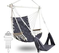 SUNWAY Chaise hamac avec repose-pieds réglable et appuie-tête - Tissu matelassé et barre d'écartement en acier - Capacité de 158,8 kg - Chaise suspendue avec accoudoirs en bois pour porche/jardin